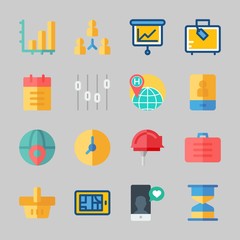 Icons about Business with clock, worker, levels, notebook, teamwork and hourglass