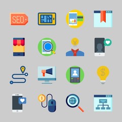 Icons about Seo with route, smartphone, screen, pay per click, site map and discover