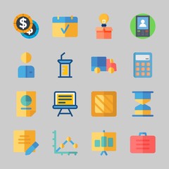 Icons about Business with coins, box, smartphone, coin, calculator and worker