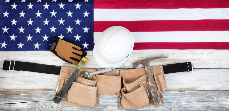 Patriotic Labor Day with American Flag and construction tools