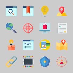 Icons about Seo with link, smartphone, map, newspaper, idea and online shop