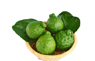 makrut lime or kaffir lime (Citrus hystrix) in basket on white background