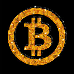 Vector gold coin bitcoin on a dark background. Crypto-currency in the style of low poly with glow