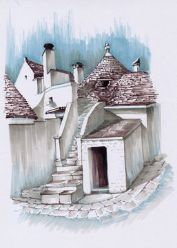 Typical buildings of the city of Alberobello. Ancient Italian trulli. Sketch the markers.