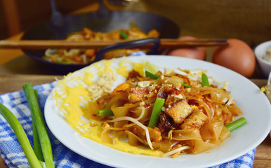 traditional version of Pad Thai or stir-fried rice noodles (Thai name is Pad Thai  baep dang derm).