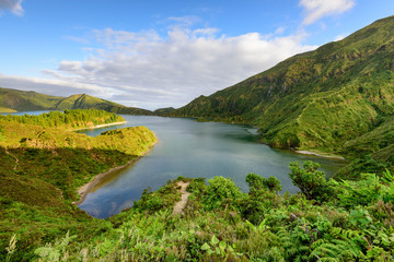 Panoramic landscape from Azores lagoons. island of Sao Miguel has lakes formed in craters. One of...