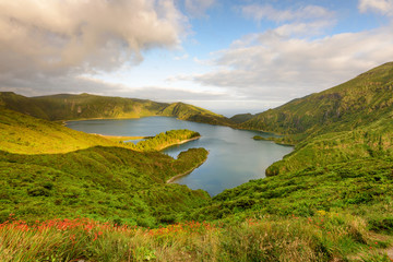 Obraz premium Panoramic landscape from Azores lagoons. The Azores archipelago has volcanic origin and the island of São Miguel has many lakes formed in craters of ancient volcanoes. 