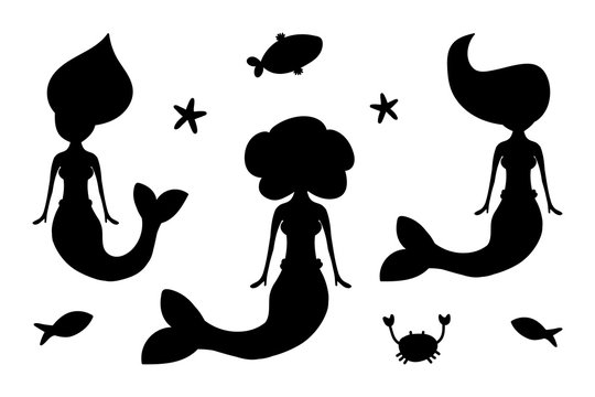 Set, collection of mermaids and sea creatures silhouettes, icons isolated on white background.
