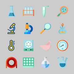 Icons about Laboratory with loupe, tube, test tube, dropping liquid, microscope and velocity