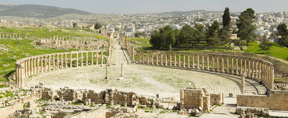 aerial view to old square with ruins and columns in Jerash city in Jordan