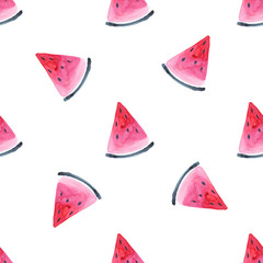 Seamless Tropical pattern of watermelon. Hand drawn watercolor background
