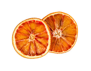 Two dried orange slices isolated on white background.