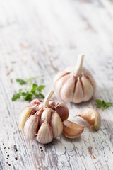 Garlic on an old wooden table