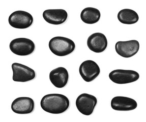 Pile black rocks, set, collection isolated on white background and texture, top view