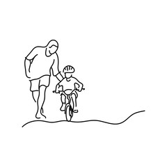 minimalist father teaching his daughter with safety helmet to ride a bicycle vector illustration sketch hand drawn with black lines isolated on white background. Copyspace for text.