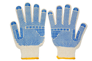 White fabric work gloves with plastic coating isolated on white background