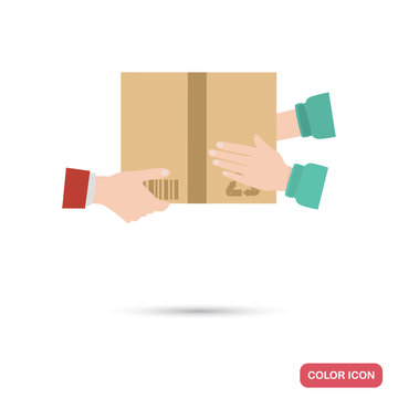 The courier gives the parcel, and the receiver takes it color flat icon