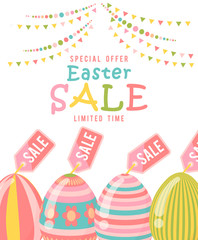 Easter sale special offer poster with eggs and spring flowers. Modern template with pastel colors.