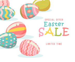 Easter sale special offer poster with eggs and spring flowers. Modern template with pastel colors.