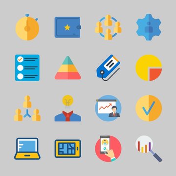 Icons about Business with teamwork, laptop, checked, pyramid, tag and stopwatch