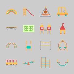 Fototapeta na wymiar Icons about Amusement Park with jumping flore, carousel, pirate ship ride , child train, slide and climbing
