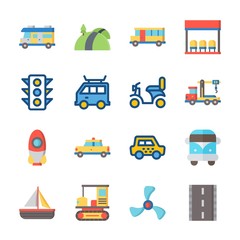 icon Transportation with sail boat, traffic light, bus, rocket and all terrain