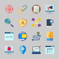 Icons about Seo with location, stats, link, smartphone, screen and idea