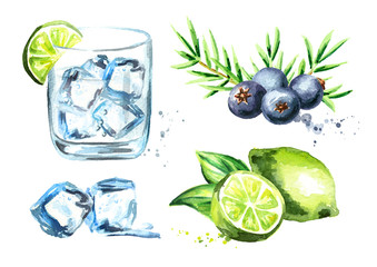 Gin tonik set with ice cubes, lime and juniper berries. Watercolor hand drawn illustration  isolated on white background - obrazy, fototapety, plakaty