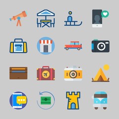 Icons about Travel with sport bag, shop, wallet, sleigh, smartphone and tent
