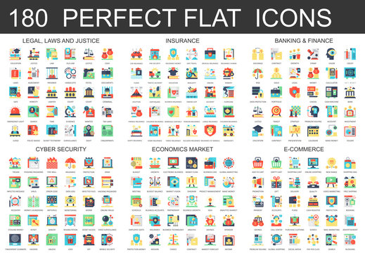 180 vector complex flat icons concept symbols of legal, laws and justice, insurance, banking finance, cyber security, economics market, e-commerce. Web infographic icon design.