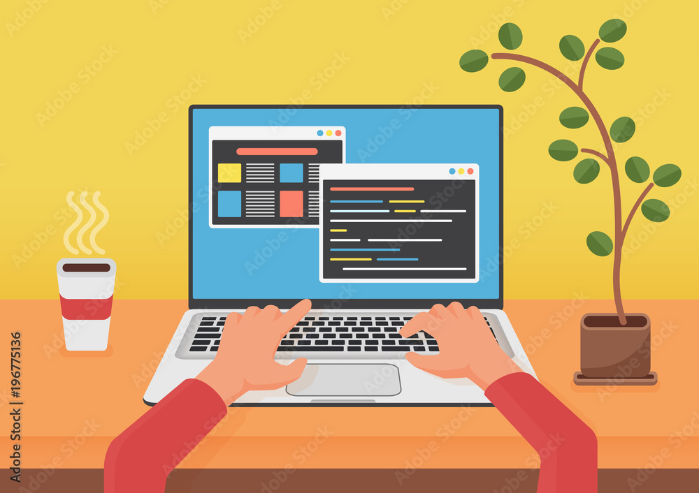 Aufkleber Programming, coding web development concept. Programmer coder hands using laptop. Code on the lapto screen . Flat vector illustration.