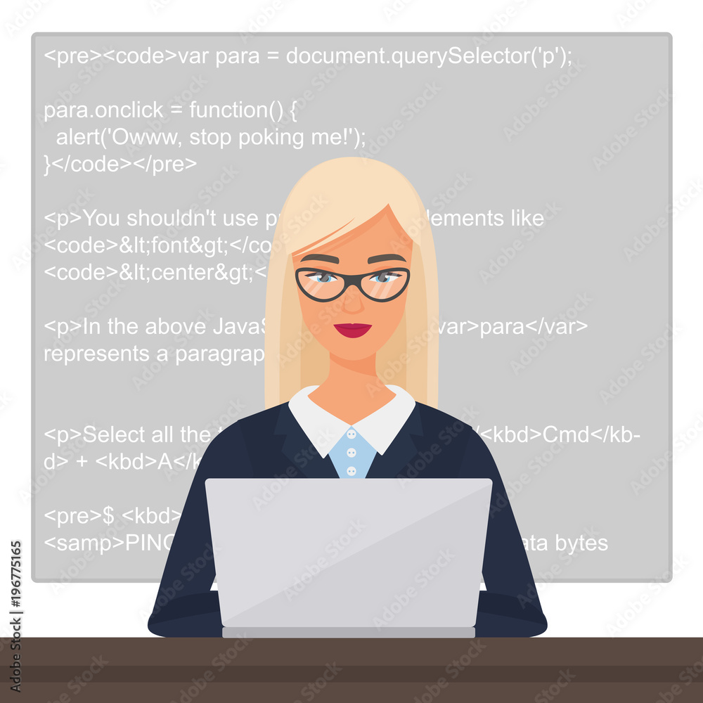 Poster Vector young pretty beautiful blond lady black programmer sitting at the desktop and working on the laptop with code. Professional female woman character coding.