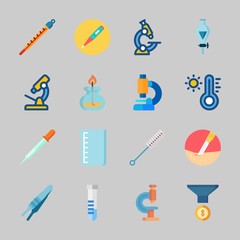 Icons about Laboratory with laboratory, dropper, microscope, burner, beaker and funnel
