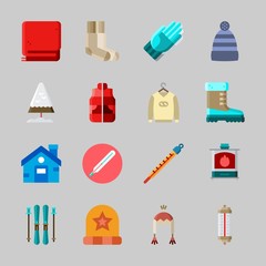 Icons about Winter with stove, vest, snow, ski, boot and gloves