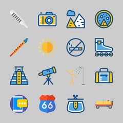 Icons about Travel with pizza, pyramids, photo camera, roller skate, thermometer and purse