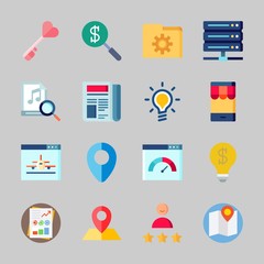 Icons about Seo with folder, music, speedometer, search, customer and server