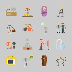 Icons about Human with coffin, baby, working, television, tv and sad man