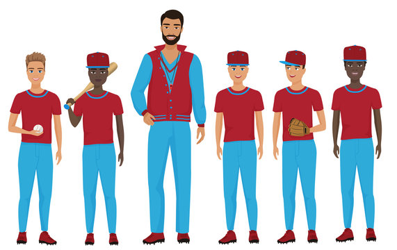 School kids children baseball team with a coach staing together. Vector illustration.