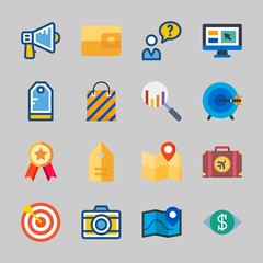 Icons about Commerce with online shop, quality, vision, location, megaphone and photo camera
