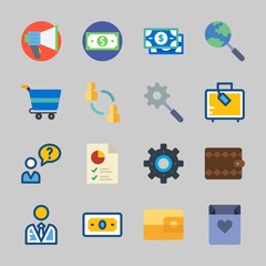 Icons about Commerce with search, user, pie chart, wallet, suitcase and networking
