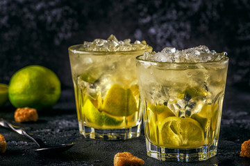 Fresh lime cocktail with ice, selective focus.