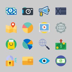 Icons about Commerce with money, wallet, video player, shopping bag, settings and search