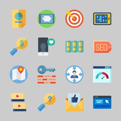 Icons about Seo with target, folder, speedometer, smartphone, search and stats