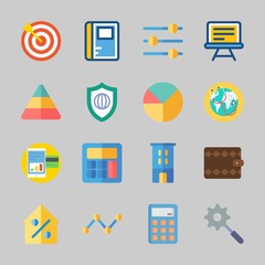 Icons about Business with smartphone, target, shield, pyramid, pie chart and notebook