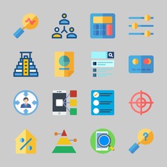 Icons about Business with networking, search, real estate, pyramid, calculator and credit card