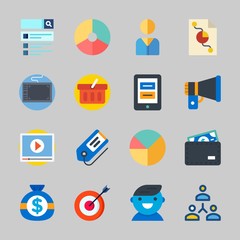 Icons about Commerce with megaphone, search, networking, tablet, target and targeting