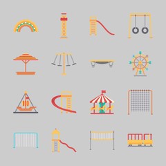Icons about Amusement Park with horse carousel, carousel, slide, fun, child train and flambards experience