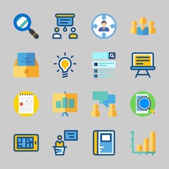 Icons about Business with idea, bar chart, notebook, conversation, note and teamwork