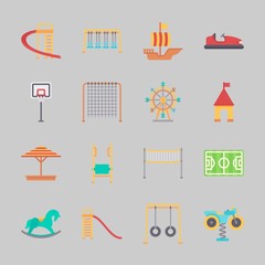 Icons about Amusement Park with sunshade, soccer field, basketball, sailing boat, carousel and amusement park