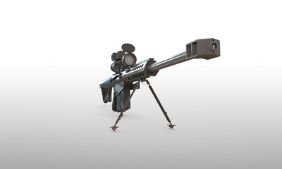 sniper rifle isolated on white. With telescopic scope standing on a  flat surface. The Rifle is load and ready to fire